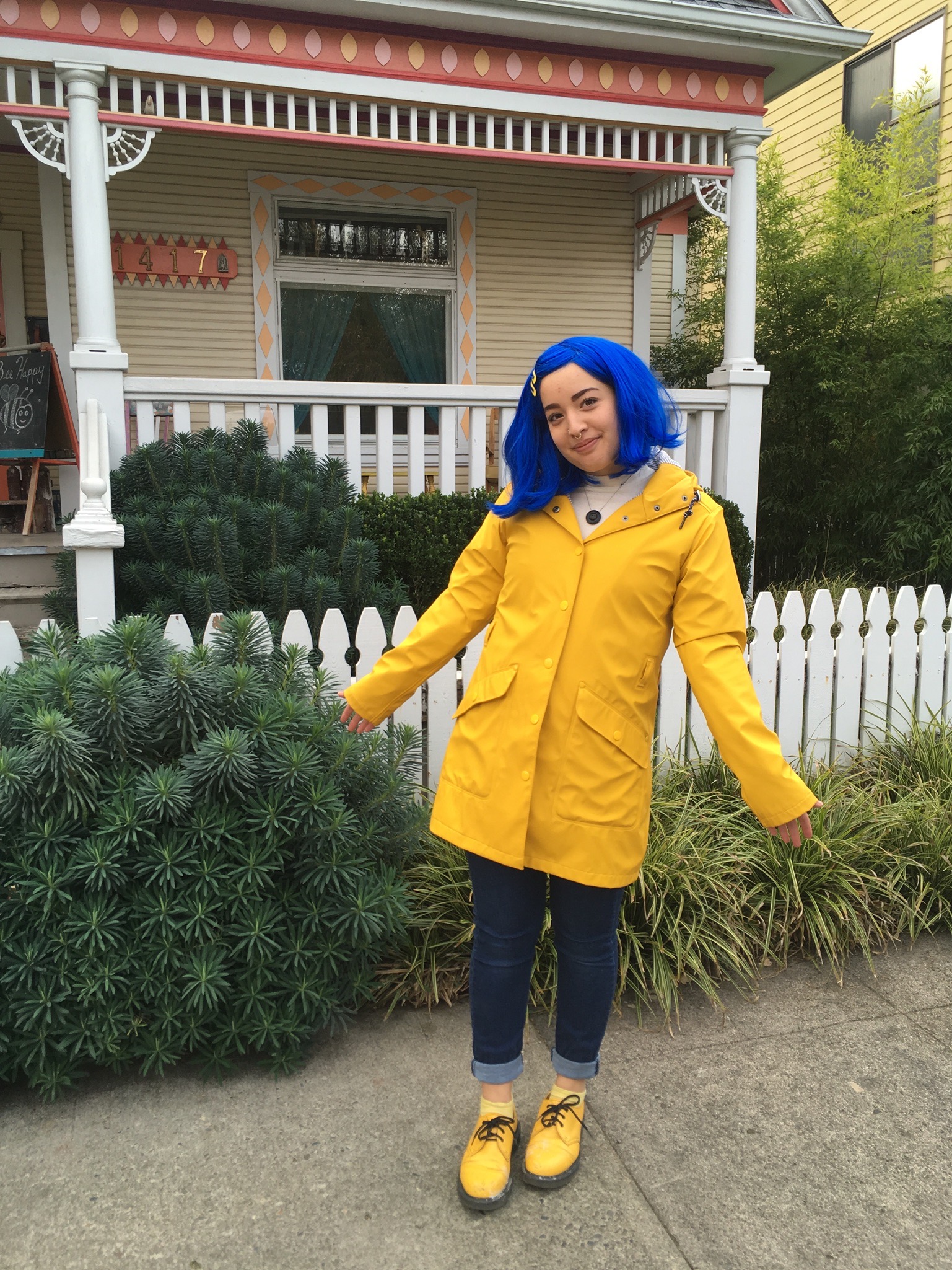 Coraline Book Character Halloween Costume, Yellow Rain Jacket and Blue Wig