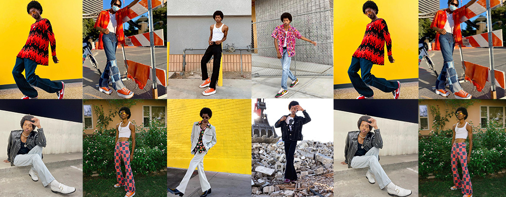Collage image of slim young person wearing masculine, brightly colored outfits