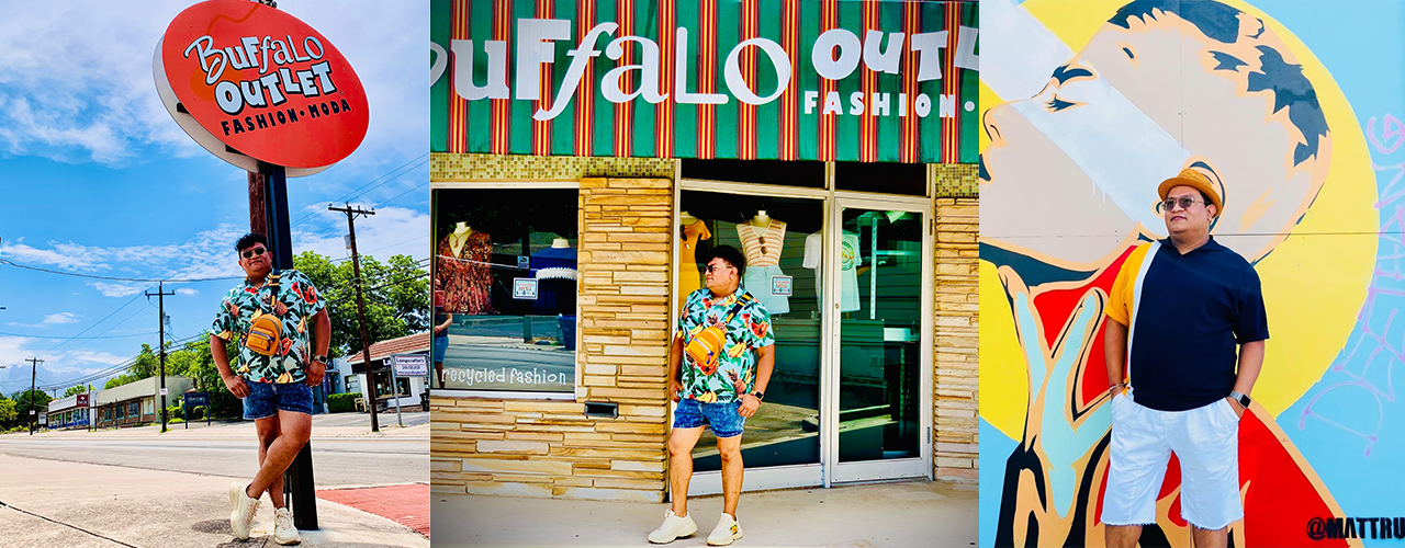 Felix wearing hawaiian shirt outfit in front of Buffalo Outlet signs and colorblocked tee outfit in front of mural