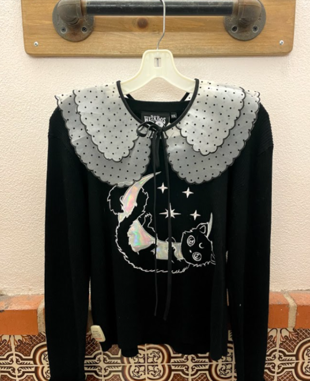 Granny collar on black sweater with black cat and moon graphic