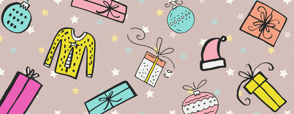 Decorative header image for Sustainable gift guide. Pastel starry motif on beige background with wrapped gifts, tree ornaments, sweater and hat