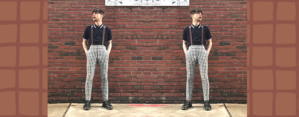 3 menswear photos of man wearing bright, graphic fall outfit, a flat lay of jeans and a flanner and a man wearing an argyle vest and jeans