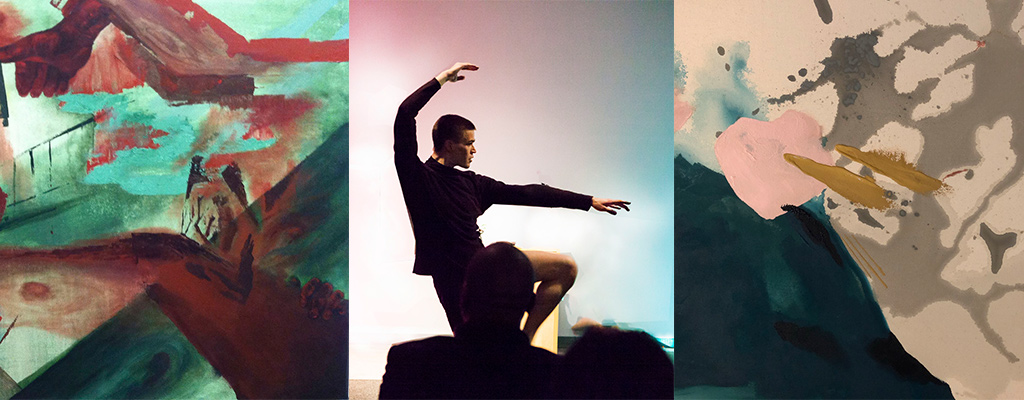 Montage of two abstract images and a person dancing