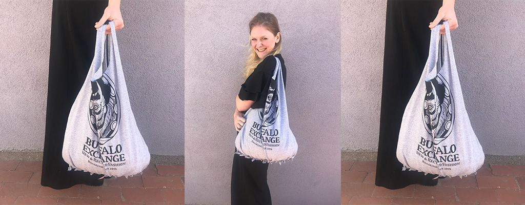 Two closes up of bag made out of Buffalo Exchange T-shirt and in the middle a person posing in front of lilac wall showing off a bag made out of a Buffalo Exchange t-shirt