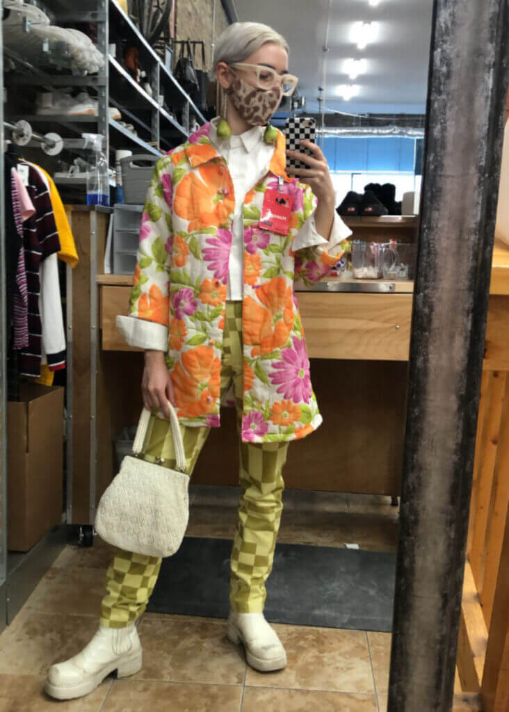 Mirror Selfie of Celia wearing floral a print jacket and pants