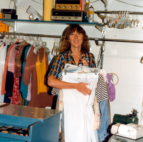 Kerstin Block holding clothing inside Buffalo Exchange