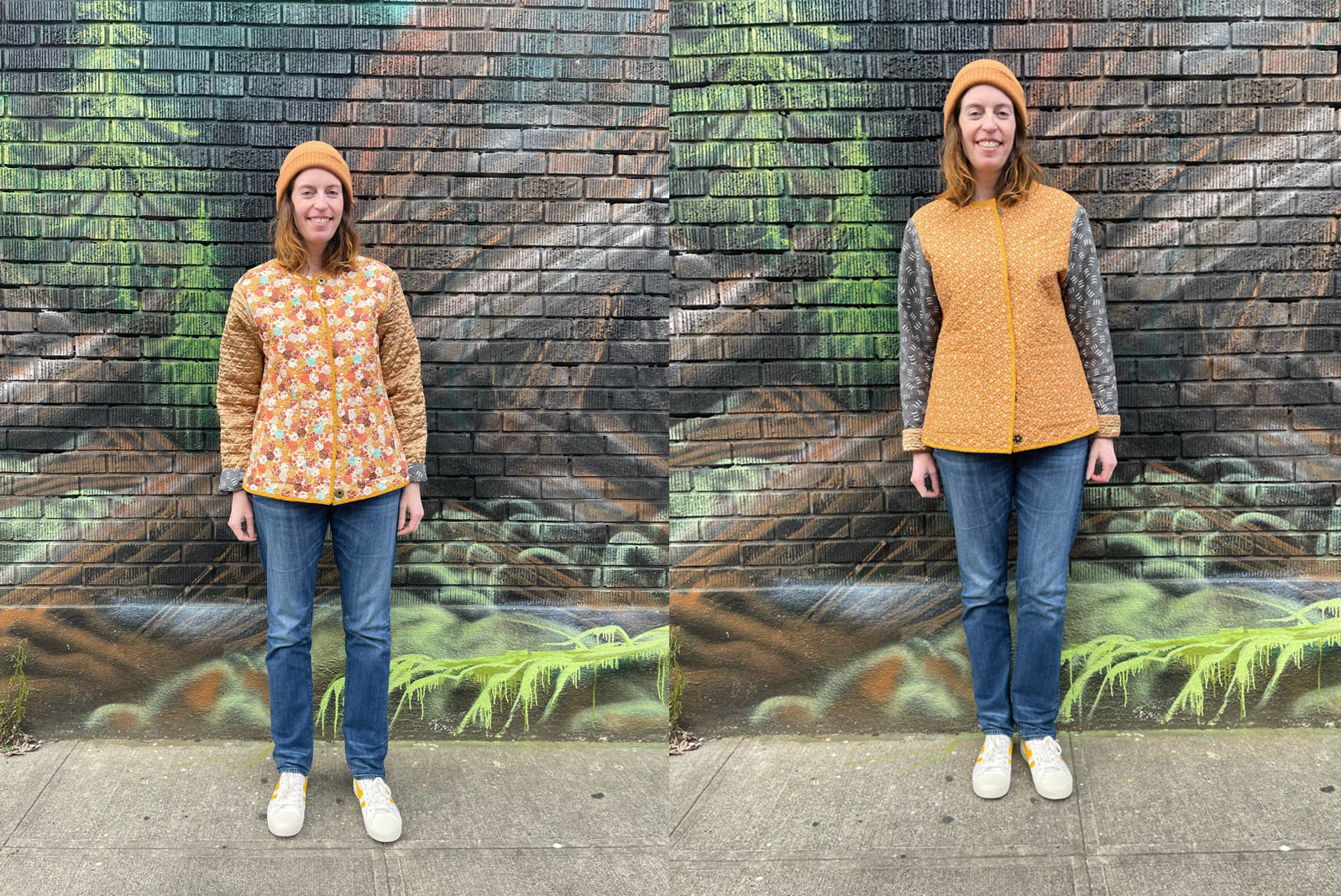 Quilt x 2 Person standing in front of mural wearing reversible quilt jacket and skinny jeans