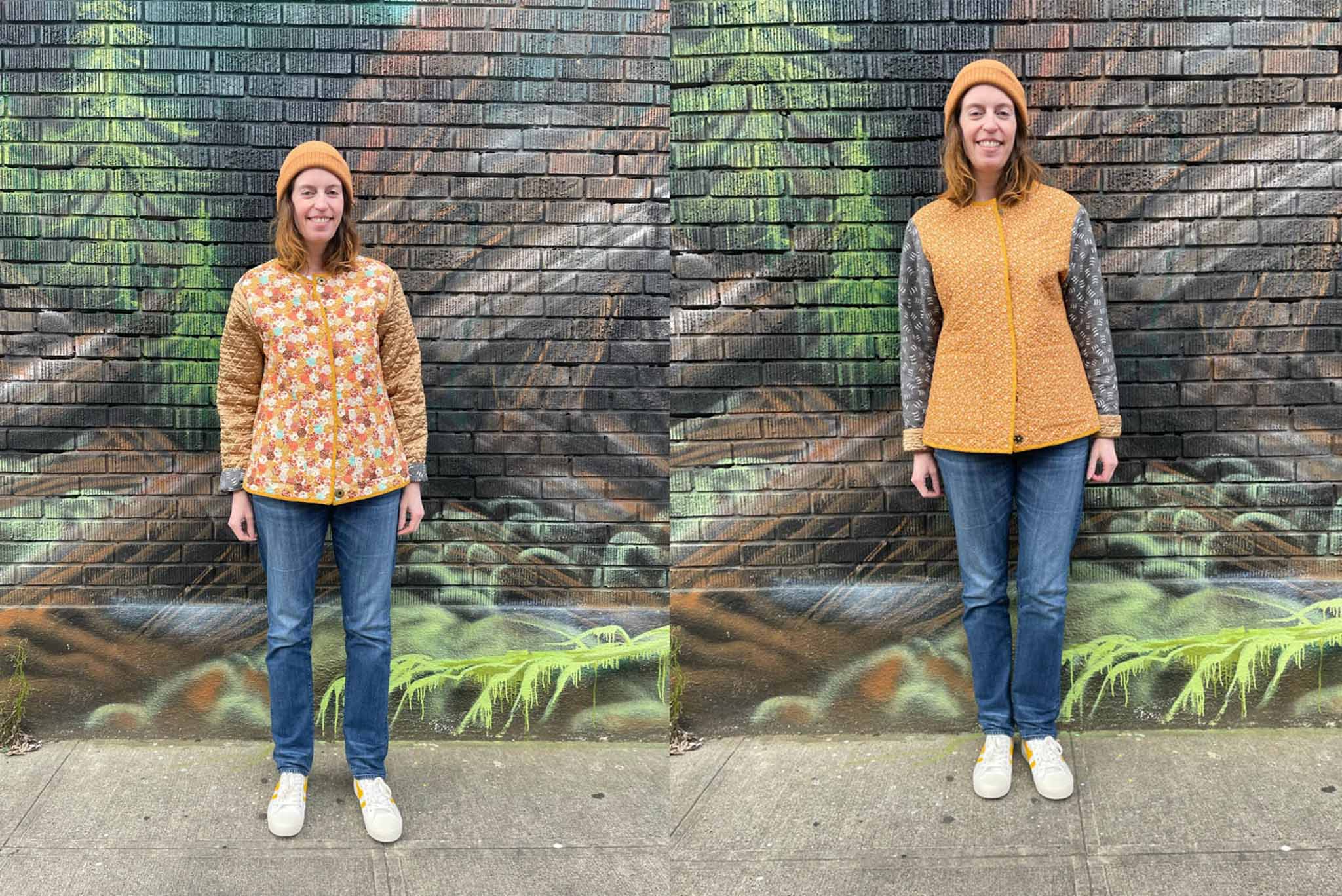 Person standing in front of mural wearing reversible quilt jacket and skinny jeans
