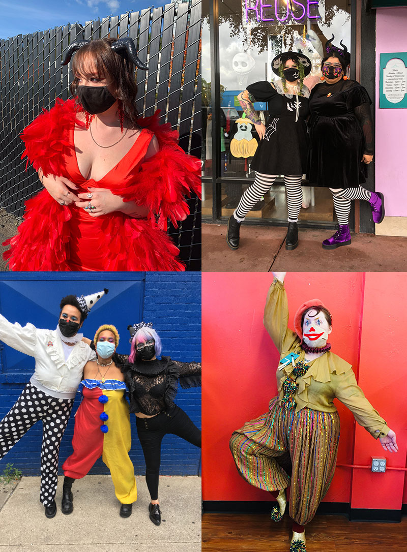 a collage of traditionally-inspired devil, witch and clown costumes