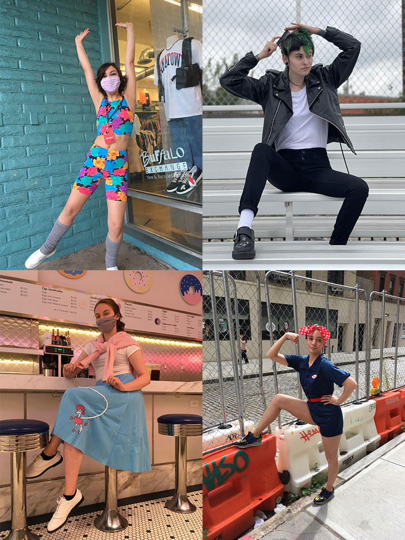 Collage of 80s aerobics instructor, 50s greaser, 50s poodle skirt and Rosie The Riveter costumes