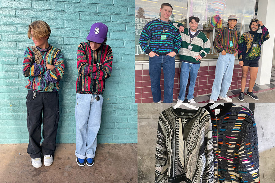 A collage of people wearing vintage Coogi and other 90s style sweaters with multicolored yarn.