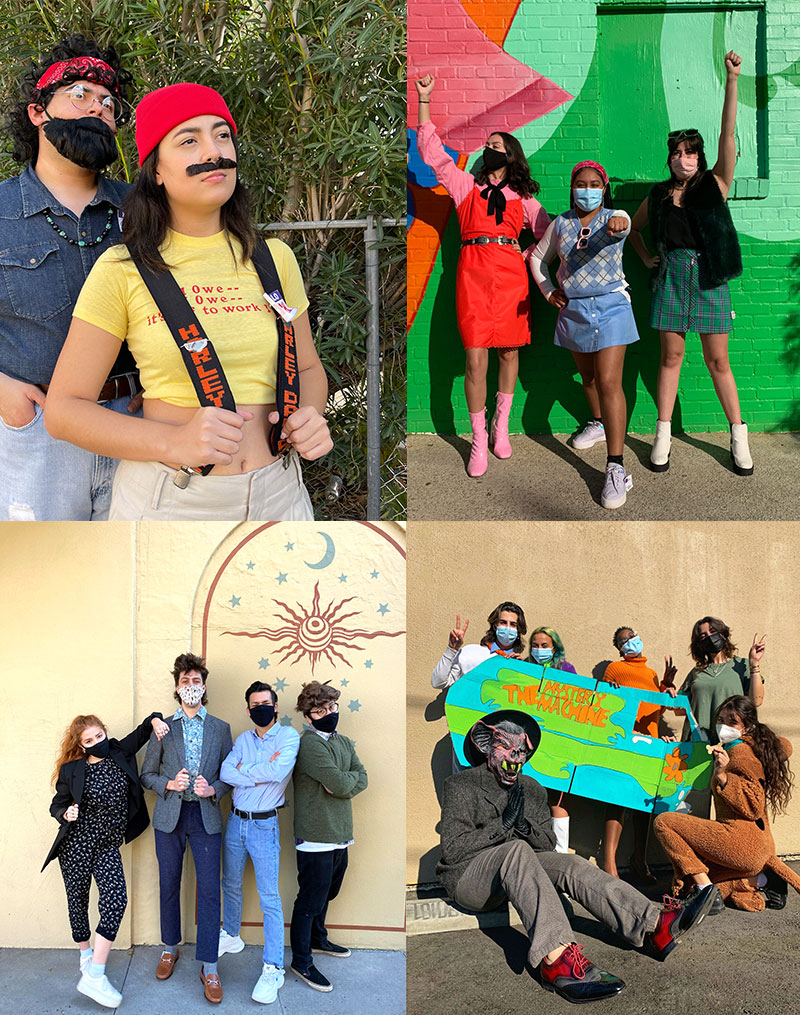 Collage of Halloween costumes inspired by Cheech and Chong, Powerpuff Girls, Scooby Doo and Seinfeld characters
