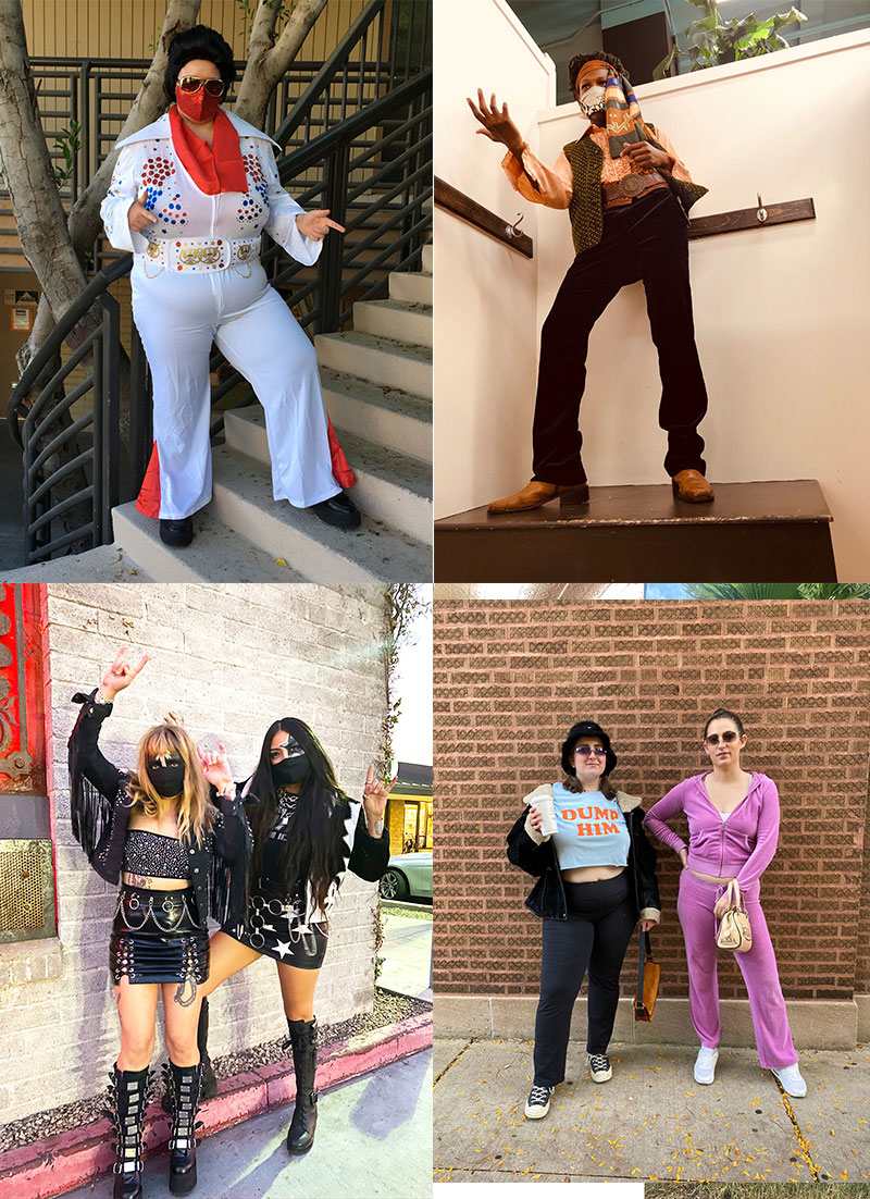 Collage of Elvis, Jimi Hendrix, Britney Spears and Kiss Halloween costumes