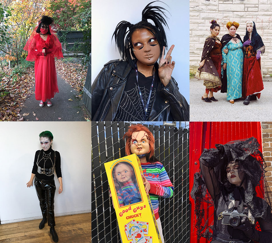 Collage of Halloween costumes inspired by characters from scary movies, including Lydia Deetz,, Pinhead, Chucky and Hocus Pocus witches 