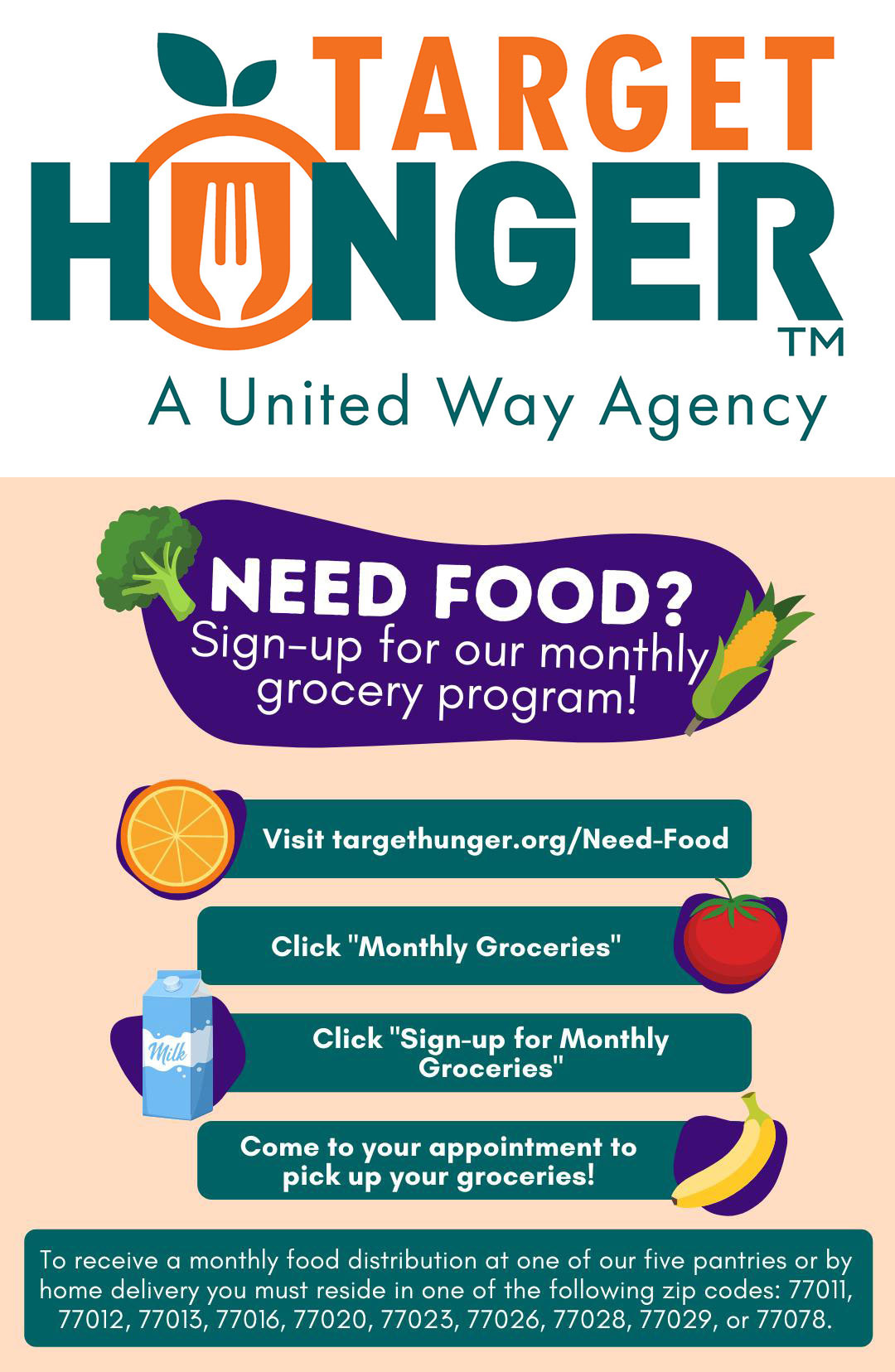 Target Hunger logo depicting an orange with a fork inside, along with information on signing up for Target Food's monthly grocery program.