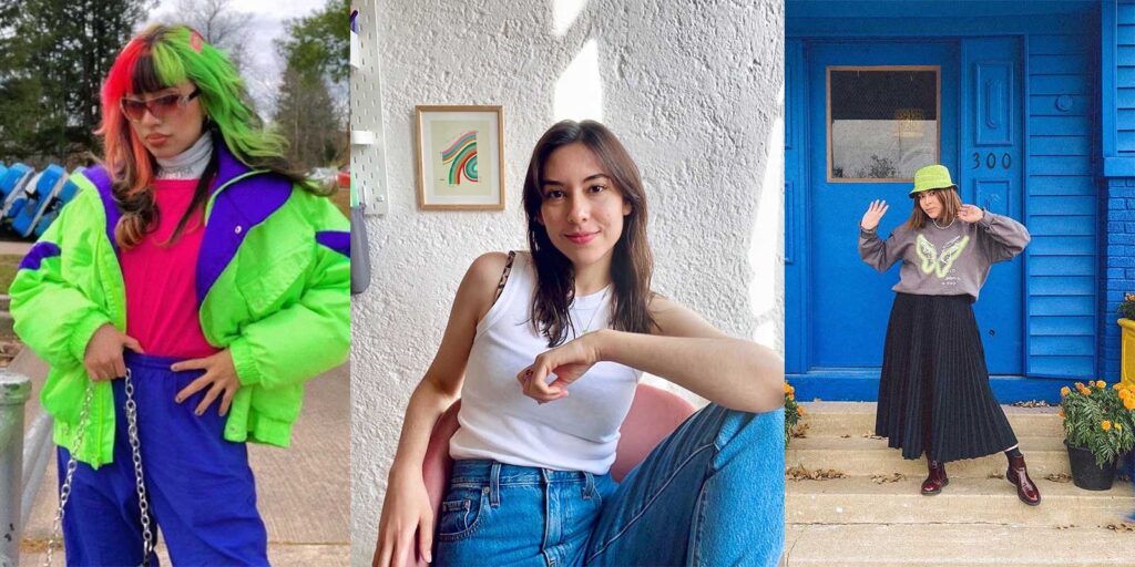 Left to right: girl with neon multi colored hair wearing an 80's neon tracksuit, girl posing on a chair with her elbow on her knee, she is wearing blue jeans and a white tank top,