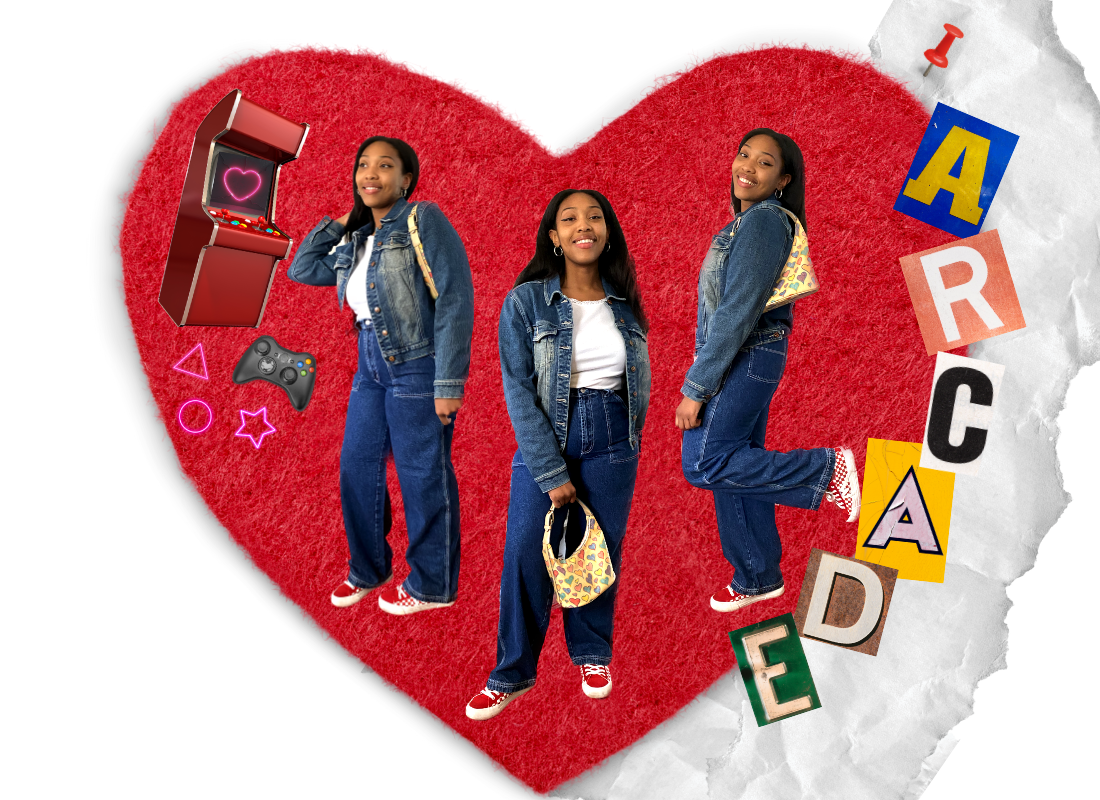 Collage image of person on heart wearing denim outfit, with cutout letters that say "arcade"