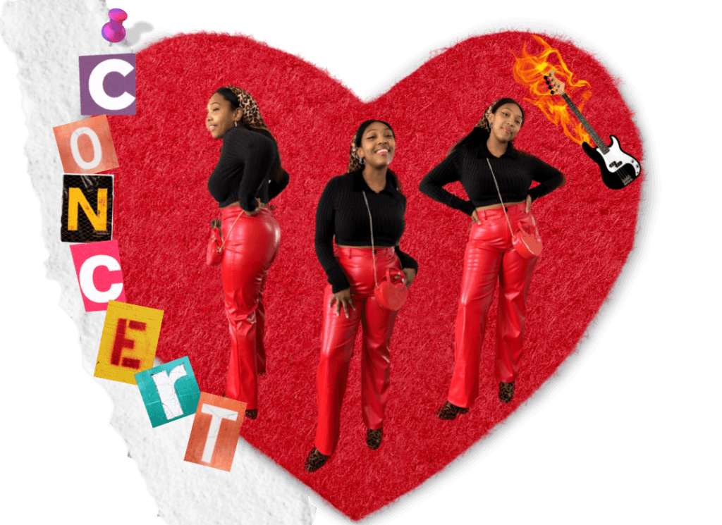 Person dressed for a concert wearing a black top, red leather pants, leopard print handkerchief and boots, and a heart shaped bag