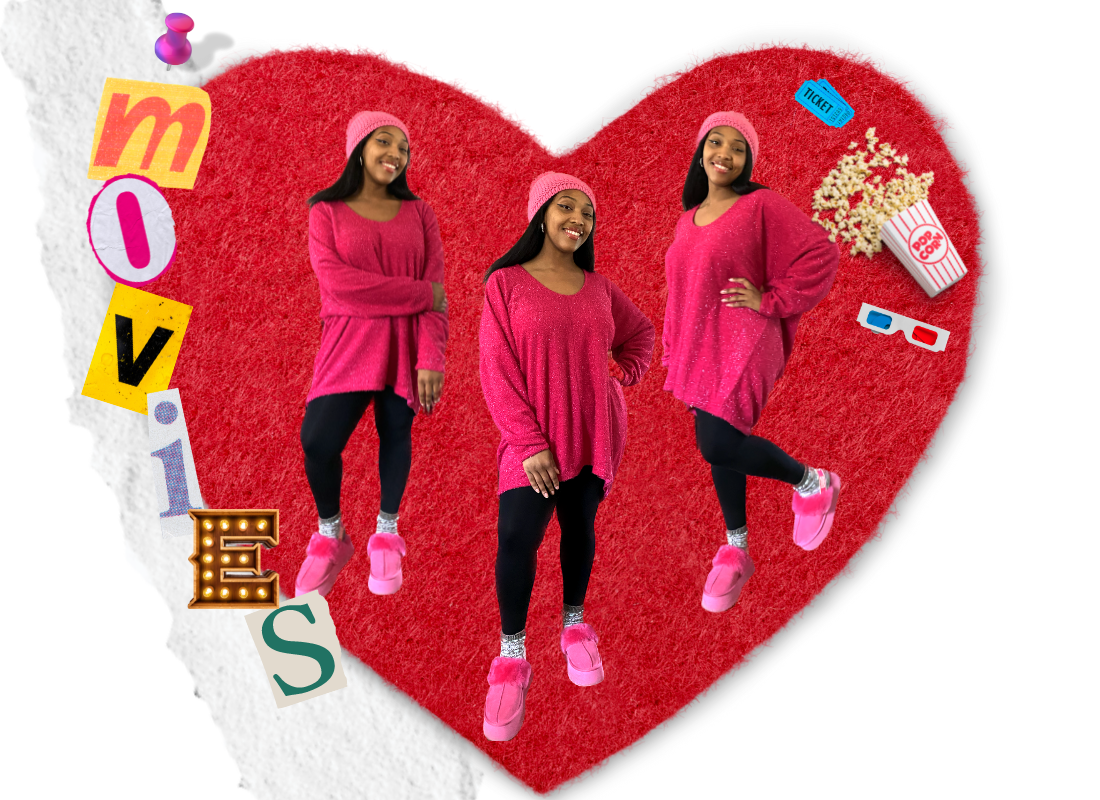 Collage image of person on heart wearing glittery pink sweater dress and black tights with platform Uggs and pink beanie, with collage text that says “movies”