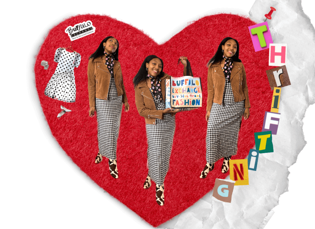 Text saying "thrifting" next to person wearing black and white gingham dress, brown leather jacket, western boots and heart-printed neck scarf