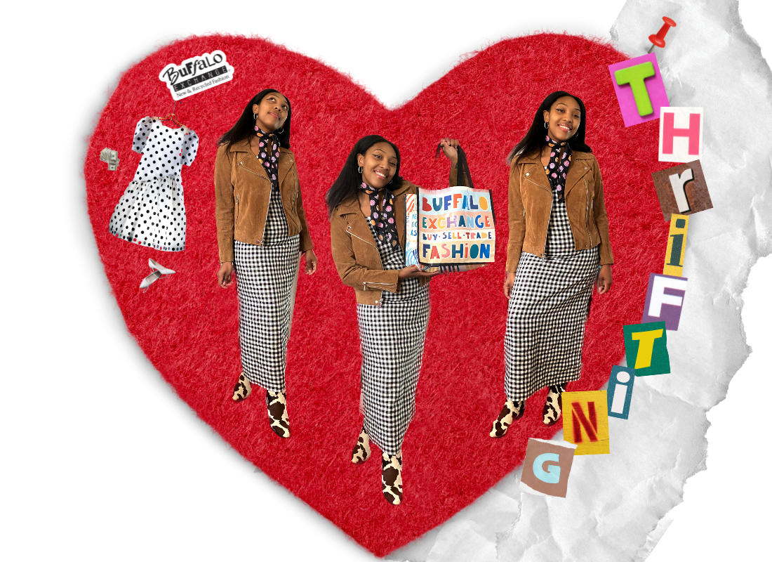 Collage image of person on heart wearing black and white gingham dress, brown leather jacket calfskin western boots and heart-printed neck scarf with collage text that says “thrifting”