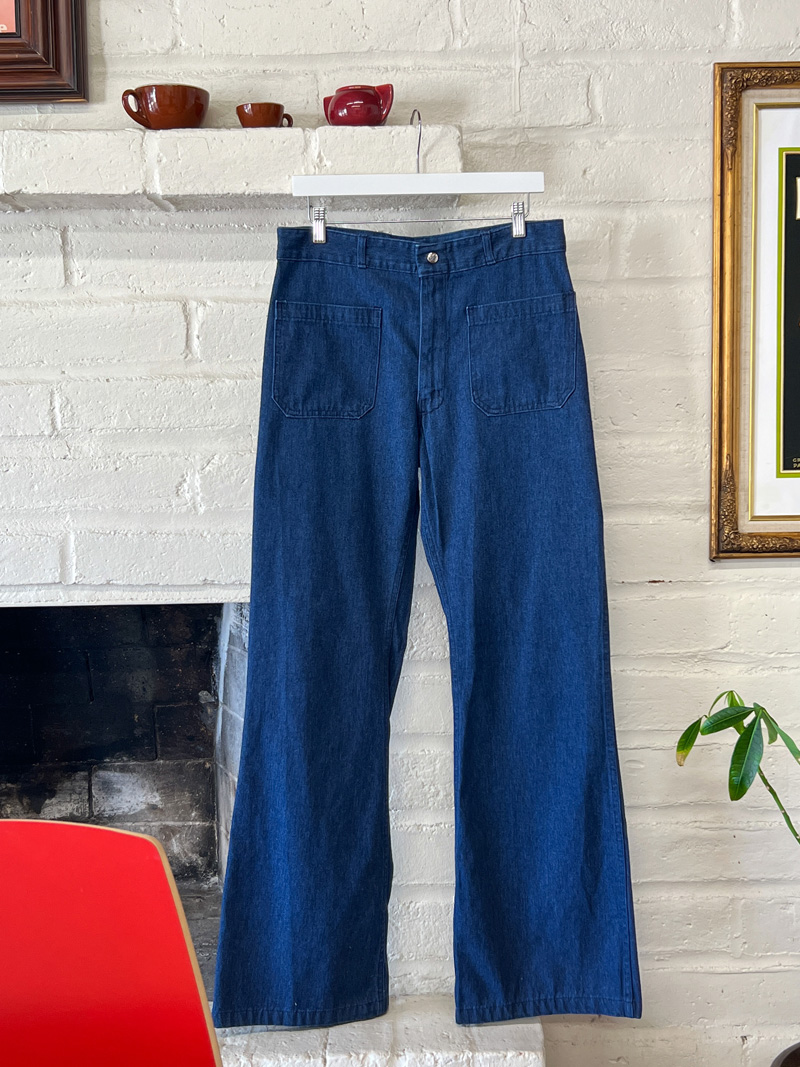 Dark wash wide leg jeans with front patch pockets from the brand Seafarer Dungarees