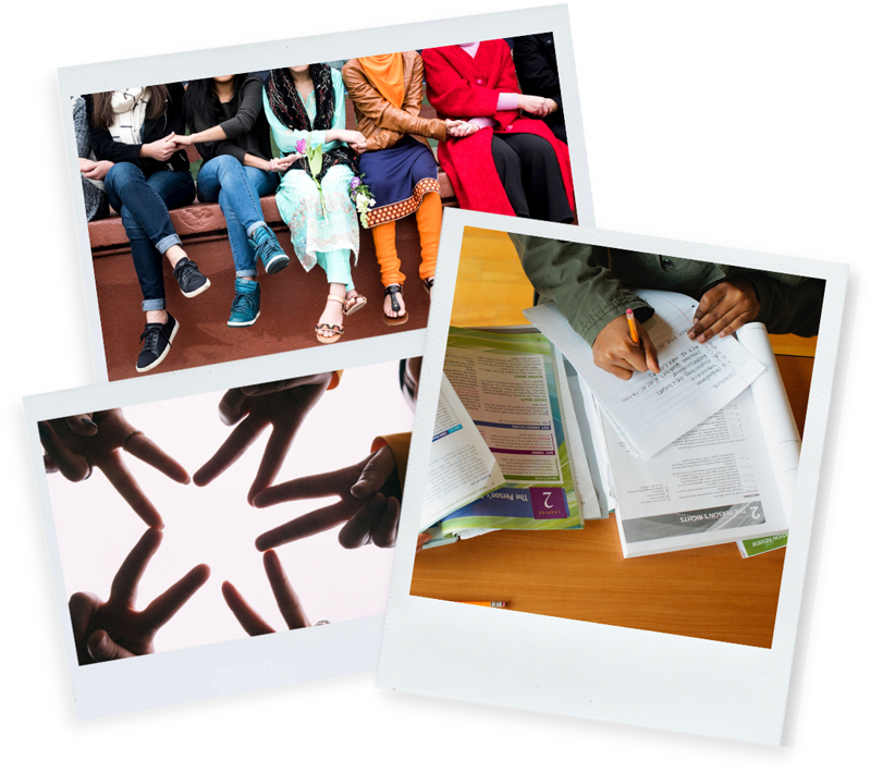 Collage of three photos: group of girls sitting together, student doing homework, girls making peace signs with their hands