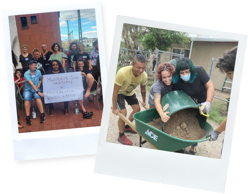 Two photos: group of volunteers with Mariposas Sin Fronteras, and volunteers doing yardwork