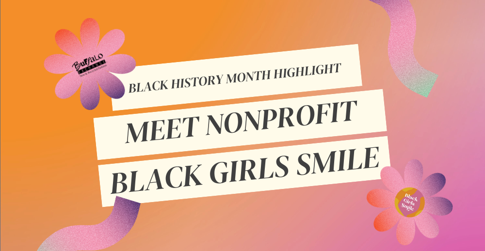 Pink and orange ombre graphic with floral elements reads Black History Month Highlight Meet Nonprofit Black Girls Smile