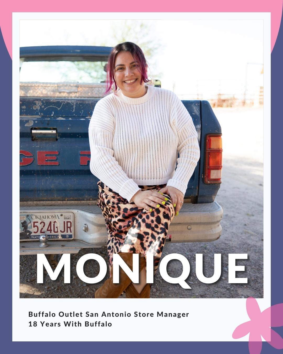 Monique sitting on blue truck; reads Buffalo Outlet San Antonio Store Manager, 18 Years With Buffalo Exchange