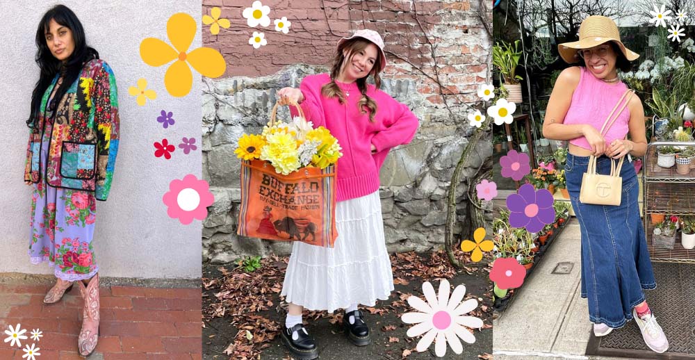 3 People Wearing Spring Outfits with Floral Decorations Around Them