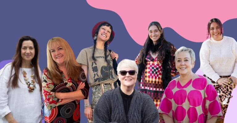 7 women on purple and pink background