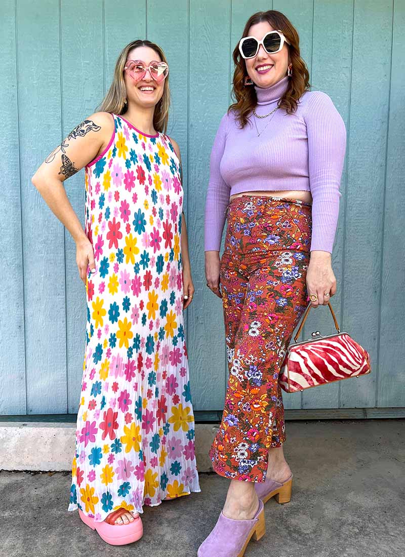 2 People Wearing Floral Maxi Tank Dress and Floral Pants with Lavender Clogs & Lavender Crop Top