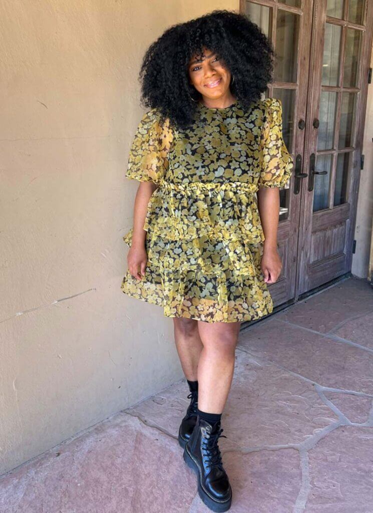 Sheer Tiered Ruffle Floral Mini Dress With Doc Martens