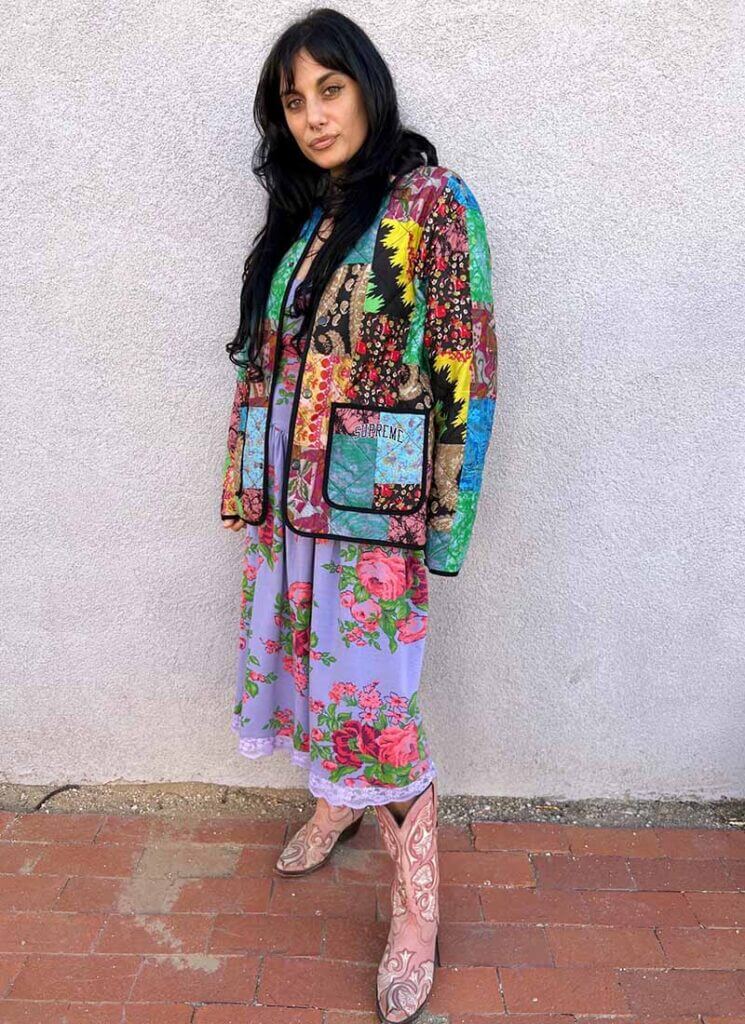 Supreme Patchwork Jacket, Floral Dress & Pink Western Boots