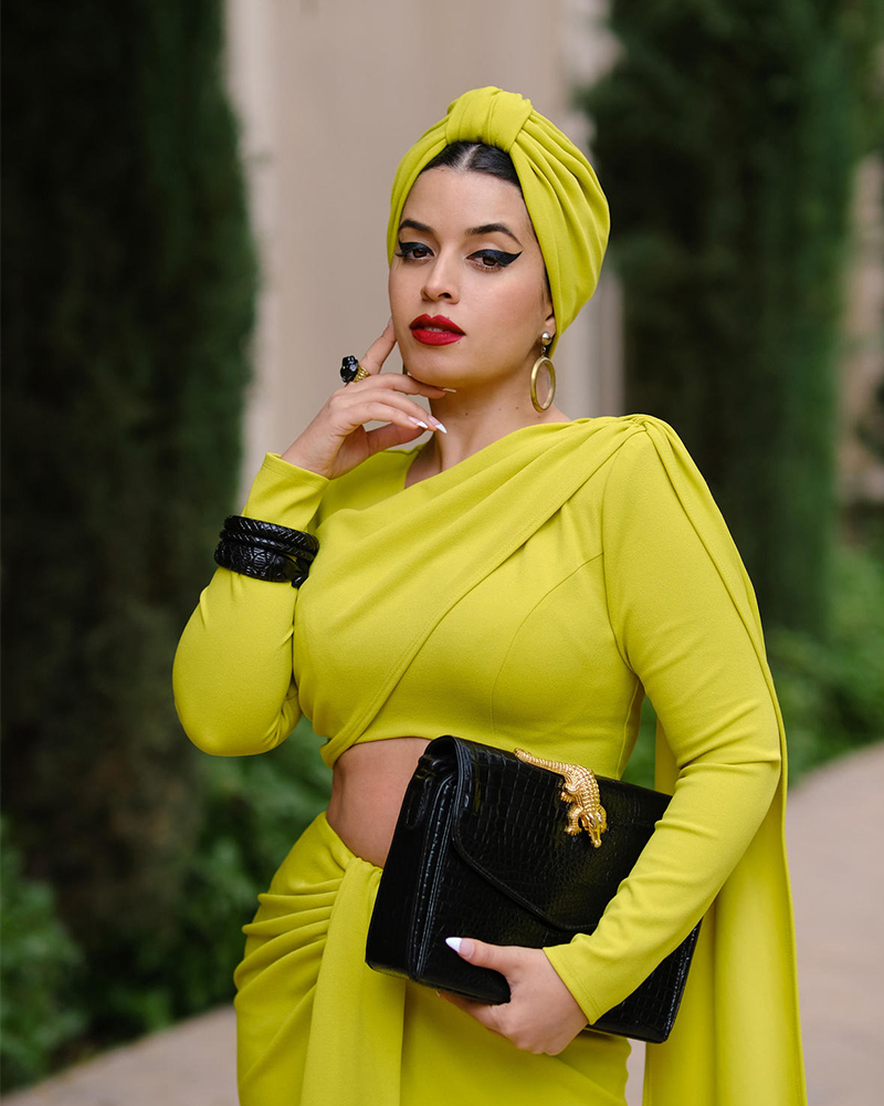 retro pinup style chartreuse top and skirt set with matching headwrap