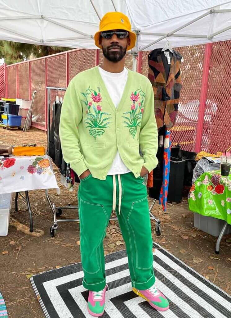 Yellow Bucket Hat, Green Floral Cardigan & Green Work Pants
