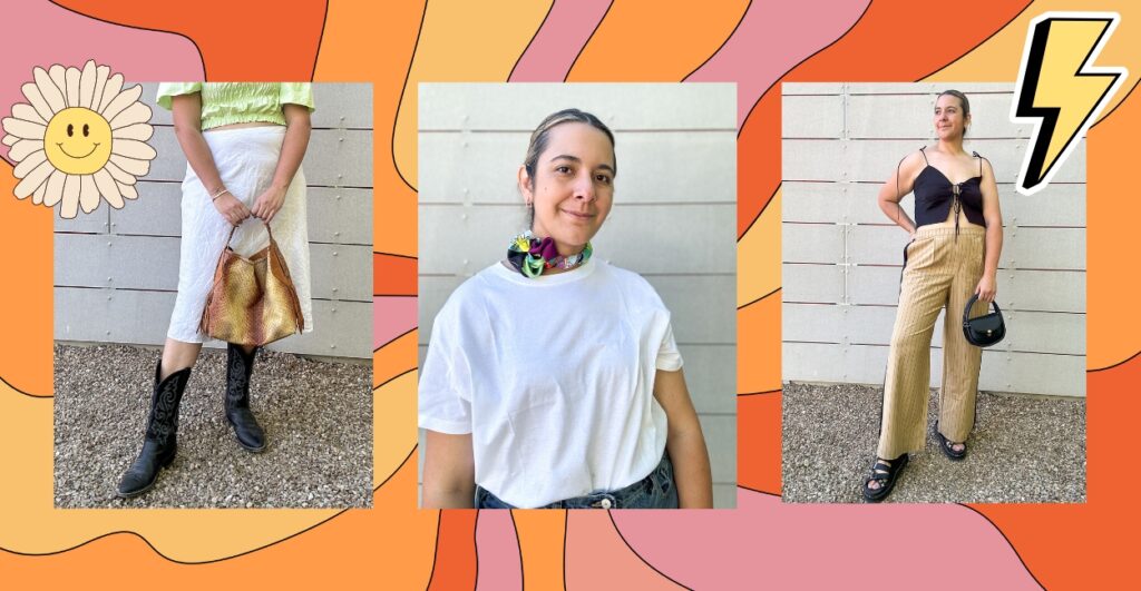 Three photos showcasing summer 2023 women’s trends behind a colorful background