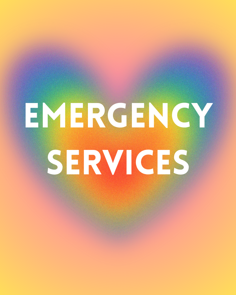Rainbow graphic on orange background reads "emergency services"