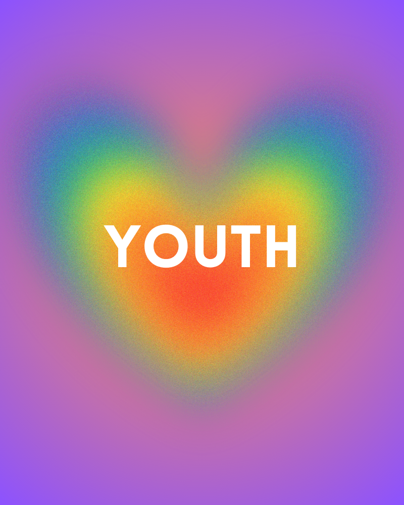 Rainbow graphic on purple background reads "youth"