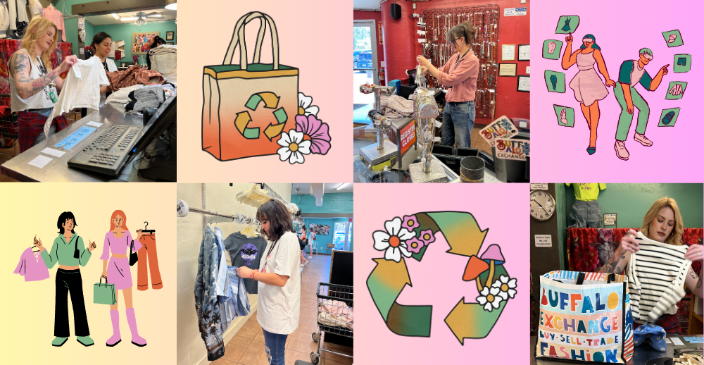 Collage of employees working at the store along with graphics.