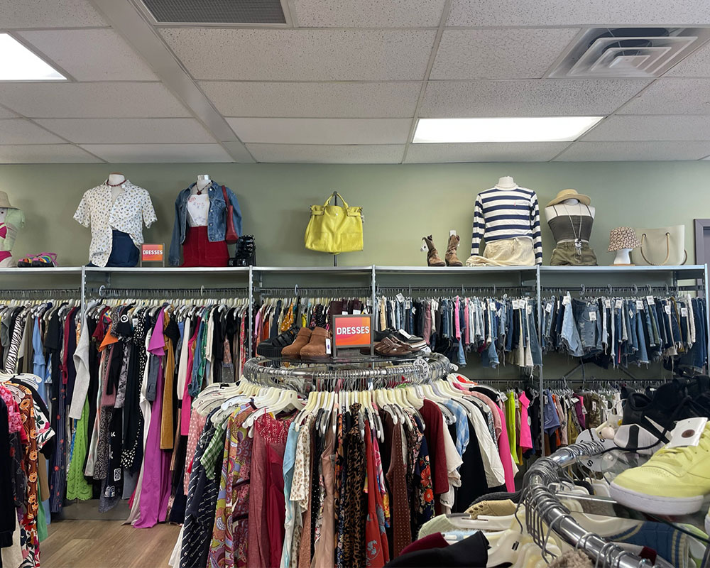 Clothing racks and wall displays at Buffalo Exchange Eugene
