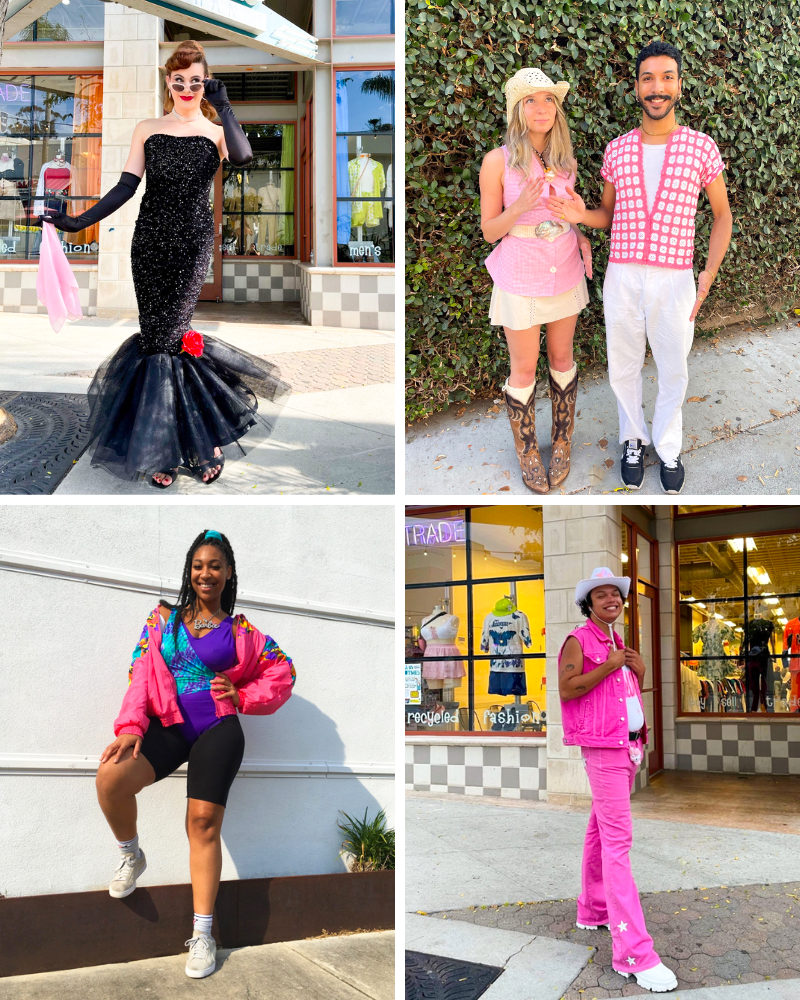 Collage of people dressed in Barbie and Ken Halloween costumes