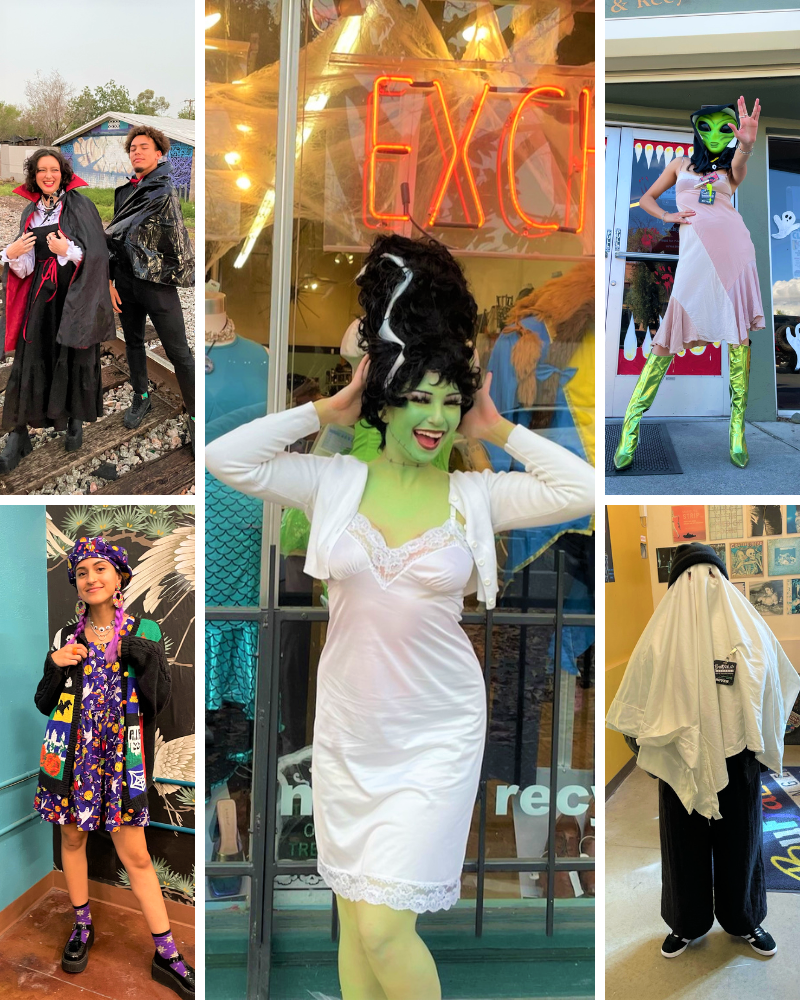 Collage of people dressed in classic monster-inspired Halloween costumes