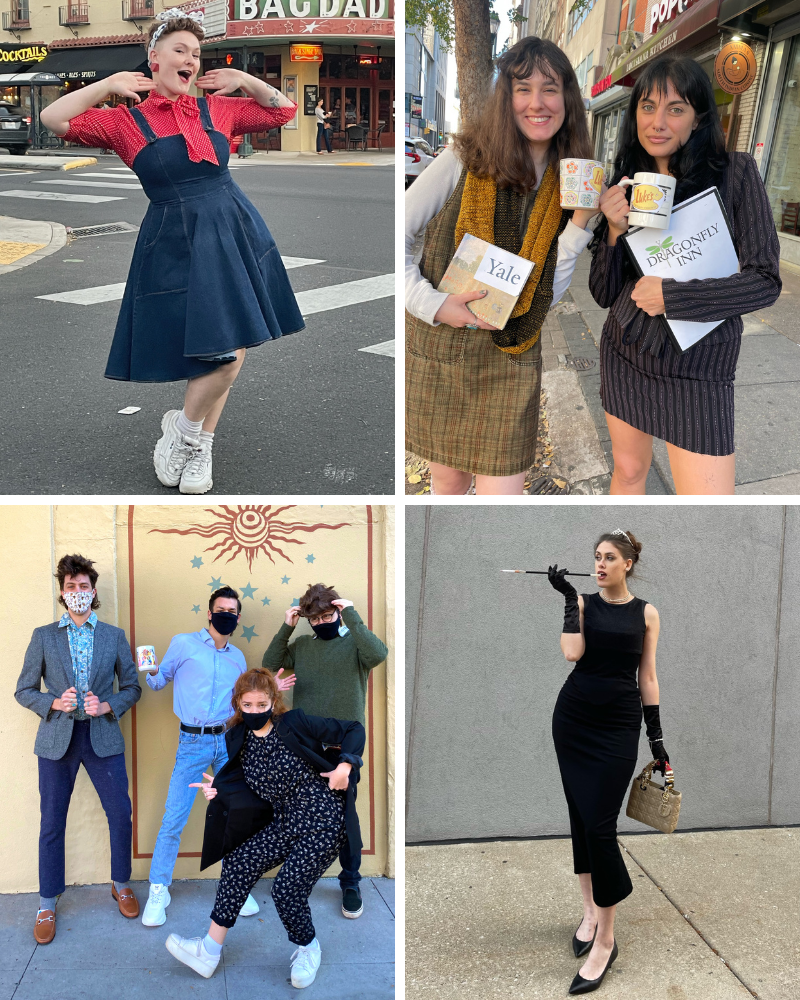 Collage of I Love Lucy, Gilmore Girls, Seinfeld and Holly Golightly costumes