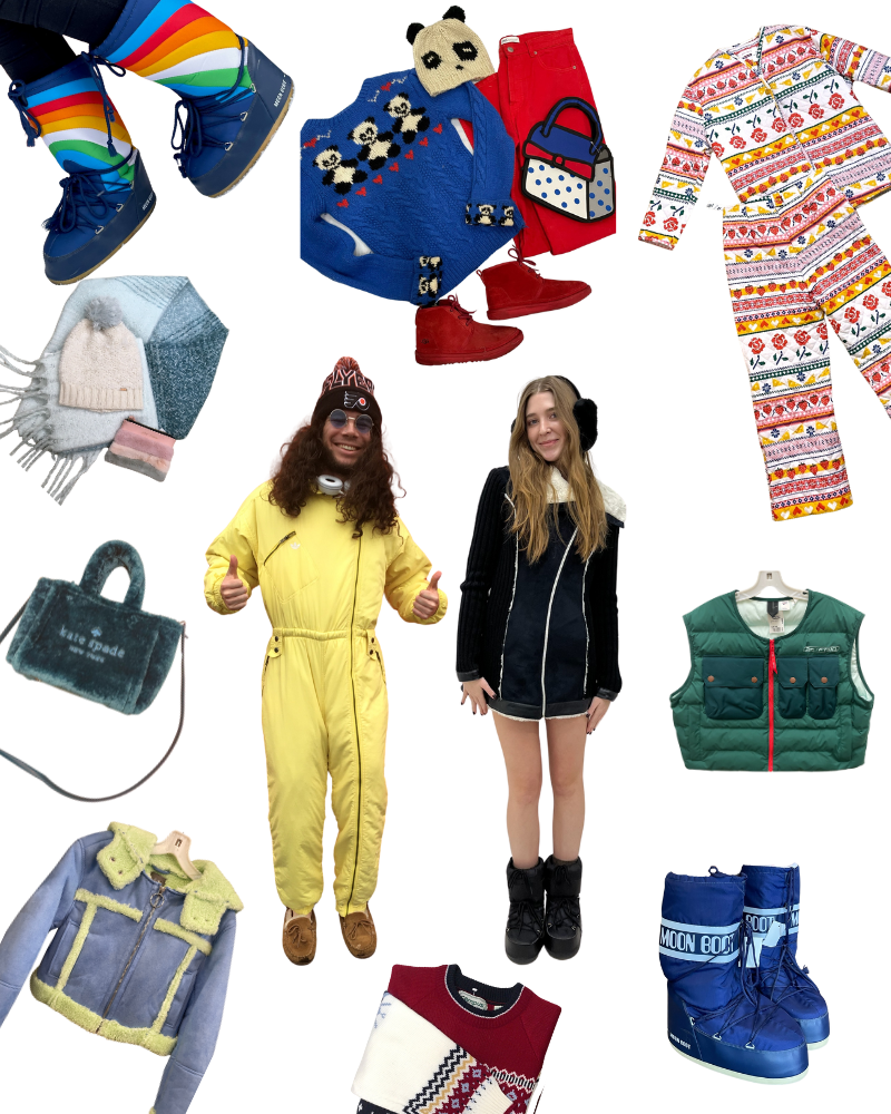 Collage of ski-inspired fashion including shearling jackets, fuzzy accessories and snow boots