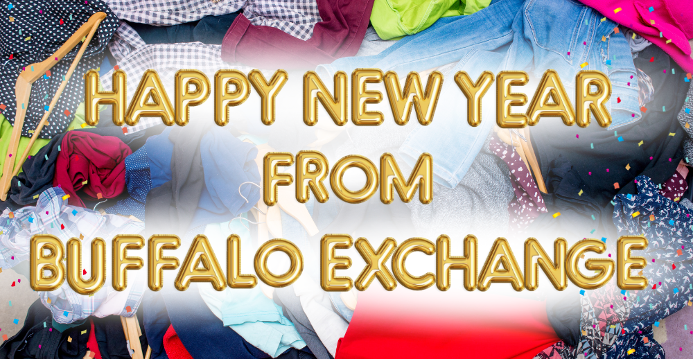Balloon letters spell out "Happy New Year from Buffalo Exchange"