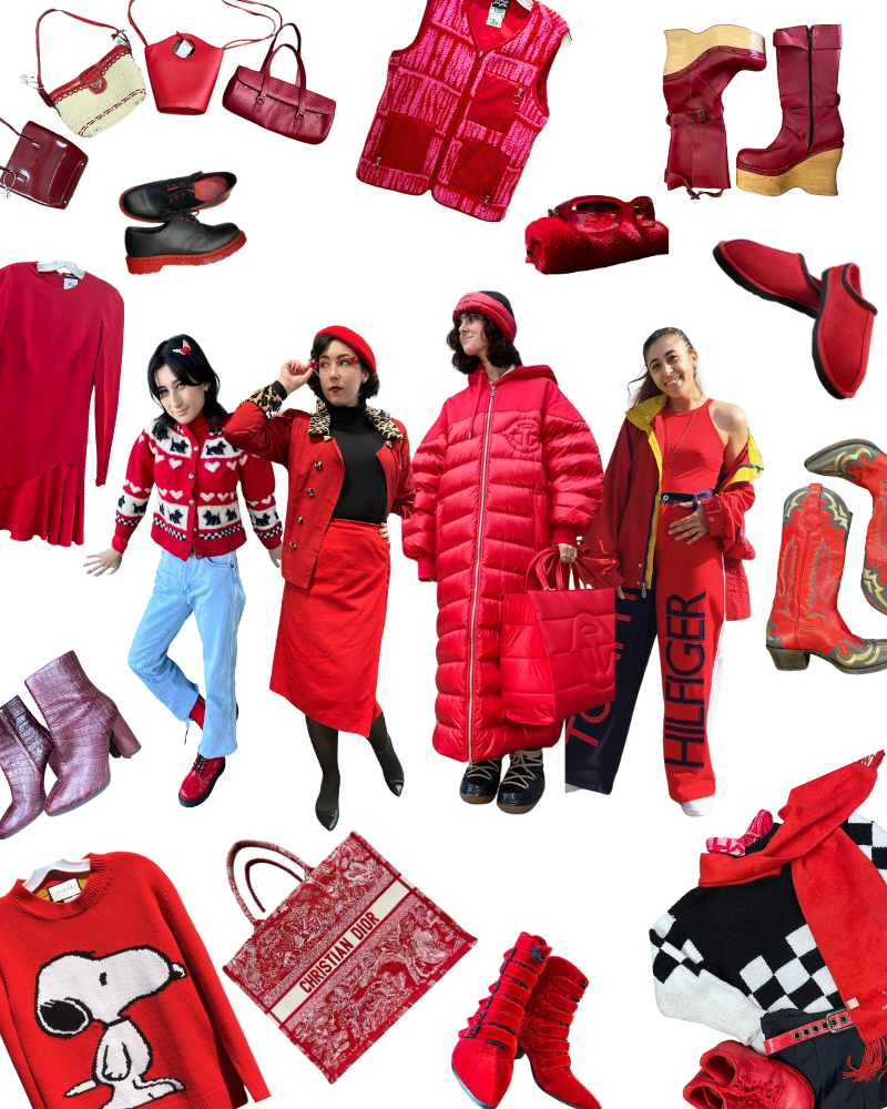 Collage of red clothing, shoes and accessories and people in red outfits