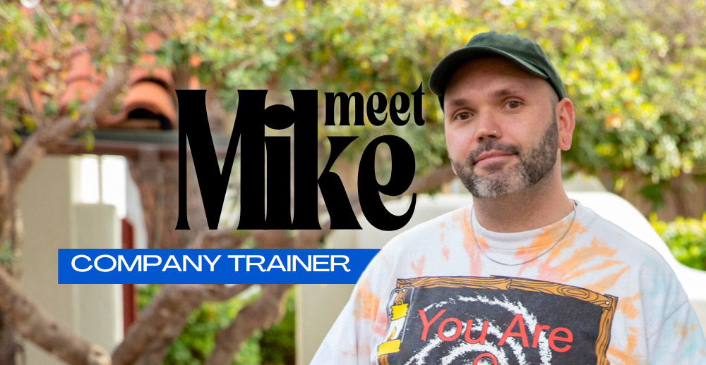 Text reading "Meet Mike, Company Trainer" over a photo of Mike