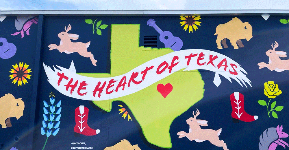 Buffalo Exchange Austin SoCo mural that reads the heart of texas